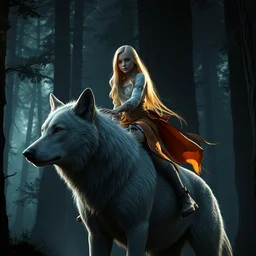 young blond girl astride a gray wolf, in a dark forest, realistic shaded lighting poster by craig mallismo, artgerm, jeremy lipkin and michael garmash, unreal engine, radiant light, detailed and intricate environment, digital art, art station trends