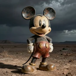 Statue of a humanoid Mickey Mouse, photorealistic, film still, desolate