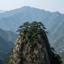 A huge mountain with a giant tree on the top, view from far away,