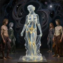 The transparent room without doors and windows with beautiful full-body wax sculpture of the glowing transparent woman with visible golden bones inside it in the singularity where stars becoming baroque folds of dark matter by Michelangelo da Caravaggio, Nicola Samori, William Blake, Alex Grey and Beksinski, dramatic volumetric lighting, highly detailed oil painting, 8k, masterpiece