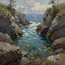 tide pool in a secluded cove, extremely detailed oil painting, unreal 5 render, digital art, landscape painting, octane render, beautiful composition, trending on artstation, award winning photograph, masterpiece