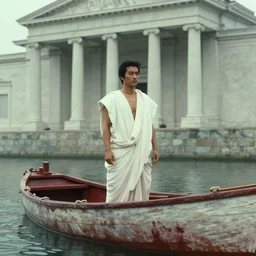movie still by akira kurosawa of a man in white drapery in a blood barque on a river next to a neoclassical spherical city in the desert, leica sl 2 5 0 mm b & w, heavy grain, high quality, high detail, fog, mud