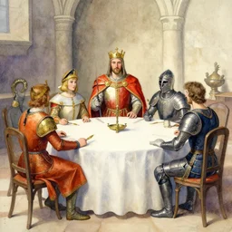 water color painting of king arthur and lancelot at the round table, edward robert hughes