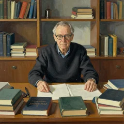 portrait of an older man sitting behind a big desk, he is wearing glasses, there are a lot of books laying around, style of greg rutkowski