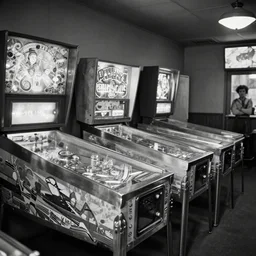 pinball parlor in the 1 8 0 0 s, archival photo, monochrome
