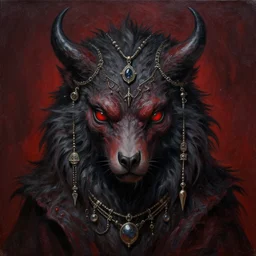 painting of an animal from hell, dangerous, evil, dark, small necklace on the head, fur jewelry, intricate details, symmetrical, exif, trending on artstation, cgsociety, by wlop and artgerm and junji ito