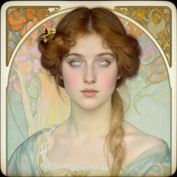 portrait of a beautiful young lady with silver eyes, colored daguerreotype by pontormo, by schiele, by mucha, by Mackintosh, art noveau, liminal, Bright pastel colors