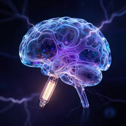 glass brain, opaque, dark womb background, blue purple, abstract, nuerons, lightning, tungsten fillament, translucent, octane render, macro