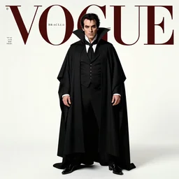 dracula. studio photo in the 7 0's. vogue magazine cover with text. highly detailed