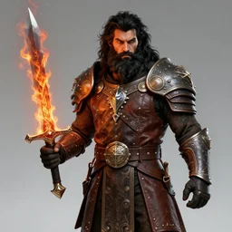 strong young man, photorealistic bugbear ranger holding a flaming sword, black beard, dungeons and dragons, pathfinder, roleplaying game art, hunters gear, jeweled ornate leather and steel armour, concept art, character design on white background, by alan lee, norman rockwell, makoto shinkai, kim jung giu, poster art, colours red and green