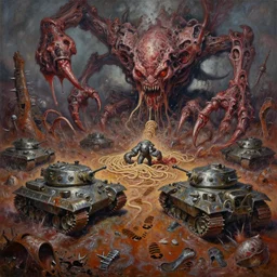 oil painting nightmare macerated future mollusks raw demons run army tanks metal noodle terrorizing army clawed chaos landscape fecund afraid of demon barbed footprints treads hooped around destroyed rust landscape in primoridal slimes dropping into in terrifying necrotized skins, cinematic, fine art, ornate masterpiece, oil painting by geof darrow