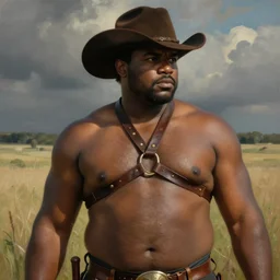 a beautiful dramatic epic painting of a thicc handsome black man | he is shirtless and wearing a cowboy hat and leather harness | prairie setting | homoerotic, highly detailed, dramatic lighting | by bill ward, by tom of finland, by gengoroh tagame | trending on artstation