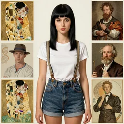 a woman with black hair and long pixie haircut in shorts with suspenders and white t-shirt drawn by Alexandre Cabanel, norman rockwell, peter paul rubens, maler collier, frank frazetta, alphonse mucha, gustav klimt 4k, unreal 5, DAZ, french noveau, trending on artstation, octane render, hyperrealistic