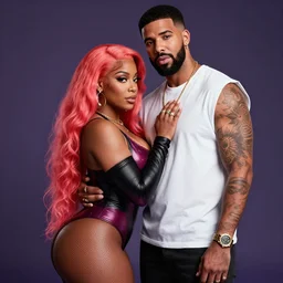 nicki minaj embraces drake as they pose for a model brand, evangelion, au naturel, hyper detailed, digital art, trending in artstation, cinematic lighting, studio quality, smooth render, unreal engine 5 rendered, octane rendered, art style by klimt and nixeu and ian sprigger and wlop and krenz cushart