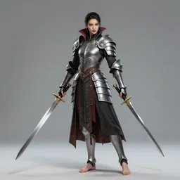 full body portrait of a barefoot vampire warrior wearing heavy plate armor, real human feet, barefoot, two - handed sword, lithe, athletic, enchanting, dancer, detailed, anatomically accurate, reasonable fantasy, in the style of guweiz, z. w. gu on artstation, 4 k.