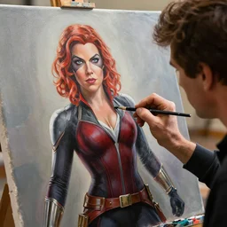 a closeup photorealistic photograph of bob ross working on a canvas painting of black widow from avengers. film still. brightly lit scene. this 4 k hd image is trending on artstation, featured on behance, well - rendered, extra crisp, features intricate detail, epic composition and the style of unreal engine.