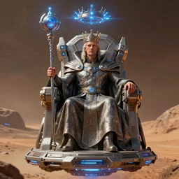 extremely detailed portrait of a royal leader of scifi outpost mars, a high technology scepter, a floating crown with laser weapons, cyberpunk robe, sitting on a levitating throne with magnetic technology