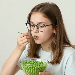 a photograph of a girl with glasses eating peas by leonid afremov
