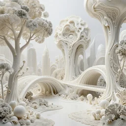 beautiful porcelain ivory scifi futuristic biophilic city colorful landscape, arches, bridges, vincent callebaut composition, iris van herpin, elegant lace haute couture broad embroidered leaved trees, minimalist, porcelain magnolia fluid fractal nebula, rhizomorph, soldier lichen, soft light, puffballs, brackets lichen, 8 k