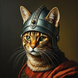 high - quality renaissance portrait of a cat wearing a crusader helmet, very detailed, oil on canvas