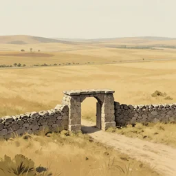 Drawing of a large scale field landscape. single gritty stone gate as centerpiece. Stylized. Digital art. 8k. Evocative.