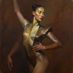 detailed portrait in strong femininity, ethnic, realistic face sculpted features, statuesque model, pirouette, plie, modern fashion, contoured structured jacket, high starched collar, warm glow, supple, bathed in light, chiaroscuro, specular highlights, angular impressionism, radiosity, deep rich tones, contemporary art, oil on canvas