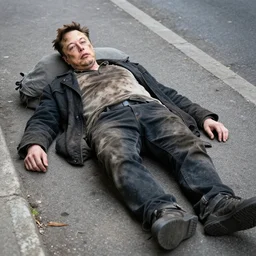 elon musk as a dirty hobo, dirty clothes, lying on the street