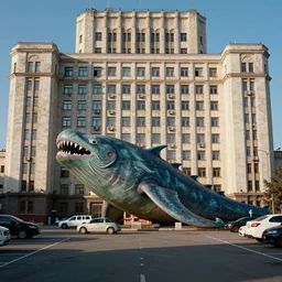 photograph of sea monster in brutalist soviet office building parking lot in sunshine kodachrome