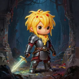 A cute Spaghetti-boy katar-fighter protagonist with chainmail reinforced clothing and a glowing weapon is exploring the grimdarkest dungeon depths. trending on Pixiv. trending on ArtStation. A vibrant digital oil painting. A highly detailed fantasy character illustration by Wayne Reynolds and Charles Monet and Gustave Dore and Carl Critchlow and Bram Sels | A concept of Melancholic Euphoric heartshine in the crush of oblivion.
