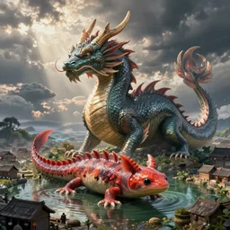 ethereal, mysteriously beautiful giant huge kaiju sized pond dragon half fish half salamander, sea dragon, wet amphibious skin, red salamander, axolotl creature, pond, village by Ruan Jia and Gil Elvgren, fullbody