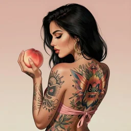 Beautiful clothed woman holding a peach, seen from the back, intricate tatoos, digital art by WLOP and Artgerm
