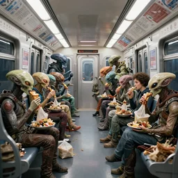 hyperrealistic poster from new scifi movie with subway car interior full of different alien species eating garbage, deep displacement, back light, sharp reflections, raytracing, raymarching, strong subsurface scattering, by bernie wrightson, rendering in octane, color grading by digital domain