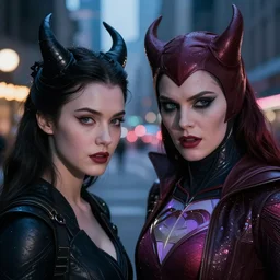 movie beautiful evil superhero couple closeup, DC Marvel fashion, VFX magic powers at night in the city, city street, beautiful skin, natural lighting by Emmanuel Lubezki