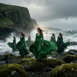 dark and moody 1 9 7 0's artistic spaghetti western film in color, a group of women in a giant billowing wide long flowing waving green dresses, standing inside a green mossy irish rocky scenic landscape, crashing waves and sea foam, volumetric lighting, backlit, moody, atmospheric, fog, extremely windy, soft focus