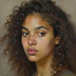young woman with curly hair, close up, oil painting, by kadir nelson