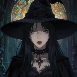 a beautiful render of absolutely beautiful witch, gothic background, a beautiful face, perfectly shaded, atmospheric lighting, style of makoto shinkai, raphael lacoste, louis comfort tiffany, artgerm, karol bak, james jean, alphonse maria mucha