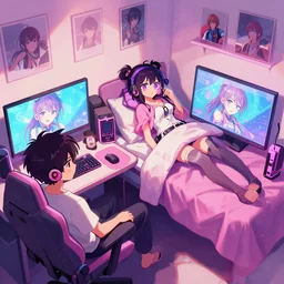 digital anime art!!, gamer girl bedroom sleeping desk, wlop, rossdraws, artgerm, ross tran