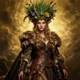 beautiful portrait of an elf girl queen, fully clothed with an elegant and rich cloth made of fur and leather. she wears a huge beautiful crown made of grass, flowers and bark. by daniel f. gerhartz and artgerm and greg rutkowski. dark fantasy art, intricate details, energetic mood, golden ratio composition, dynamic lighting, trending on artstation, poster, volumetric lighting, 4 k