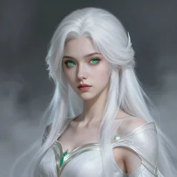 a beautiful white - haired girl with emerald eyes dressed as a superhero, pyromancer, intricate, elegant, highly detailed, digital painting, artstation, concept art, smooth, sharp focus, illustration, ethereal, misty, by ilya kuvshinov and jeremy mann, 8 k, octane render