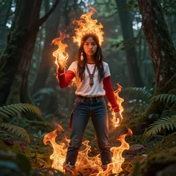 Full body, splash art by WLOP, Ilya kuvshinov, Krenz Cushart, and Greg Rutkowski, trending on artstation. Realistic fantasy Native Indian young girl with dark skin and silky black hair, wearing a red-sleeved white t-shirt with jeans, she has fire powers, her hair is made out of astonishing fire flames, wide panorama of a Cinematic dramatic atmosphere of a mystic dense forest, full of foliage, sharp focus, soft volumetric studio lighting