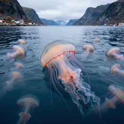 huge barrel jellyfishes invades the norwegian fjord, realistic, hdr, hdd, 8 k, real event,