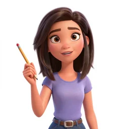 Digital art of a portrait of an inspired woman holding a pencil, medium shot, white background, Pixar character