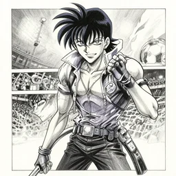 o brasileiro ronaldo fenomeno marcando um penalty no final da copa do mundo, van hellsing anime. dramatic lighting, anime style, pencil and ink manga drawing, centered in panel