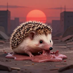 a half melted hedgehog melting in a liquid meat fleshy ooze, desolated city, a red sun is in the sky, scp 0 0 1 when day breaks