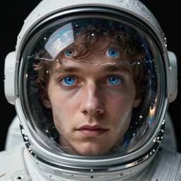 our lord and savior thom yorke singer songwriter in a spacesuit filling up with water, black background, glass reflecting light reflections, waterline in visor, ultrafine detail, hyper realistic face, beautiful blue eyes, black spherical pupils, eyes reflecting into eyes reflecting into infinity, eyes reflecting into eyes reflecting into infinity