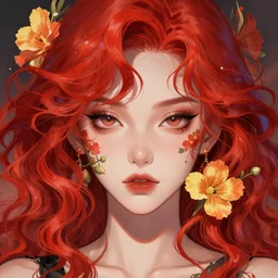 face portrait of a beautiful anime girl with red wavy hair and flowers around her face, perfect face details, symmetry, digital painting, trending on artstation and deviantart, epic composition, vibrant, dynamic, highly detailed, ross draws, wlop, 8 k