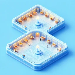 3 d isometric rts video game map of a frozen dinner hall, dynamic lighting, sharp focus, artstation hq, 8 k, intricate, subsurface scattering, ray tracing, vivid colors, octane render