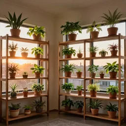 a beautiful room with many mahogany shelves and many plants with sunset light coming through the windows, 16:9 aspect ratio