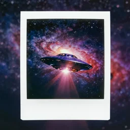 polaroid photo of an ufo in a colourful galaxy, twinkling stars, purple and red color bleed, slight lens glare
