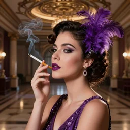 interior of a close up portrait of an elegant flapper girl wearing purple feather in her hair and smoking a long cigarette surrounded by amazing ambient and 3 d layered ceiling with reflection in floors
